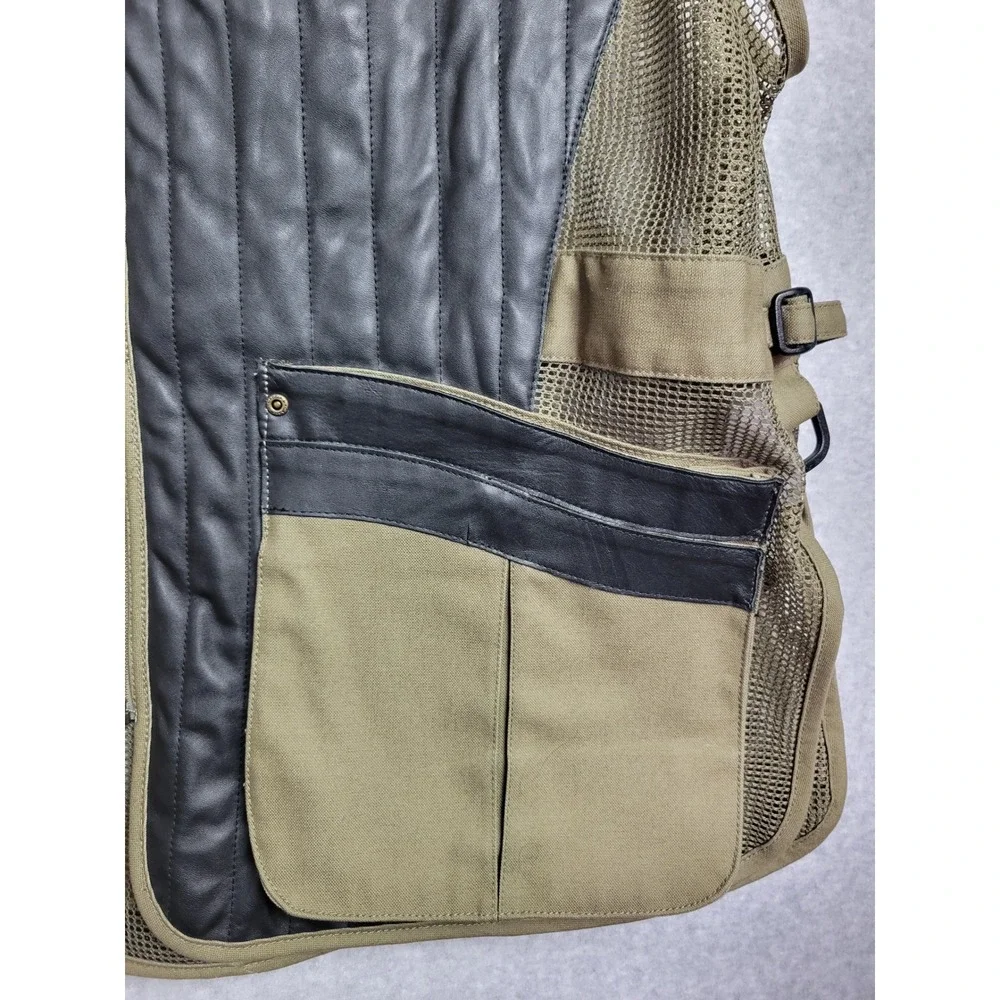 Cabelas Mens 2XL Shooting Vest‎ Olive Canvas & Leather Recoil Pad Mesh Back